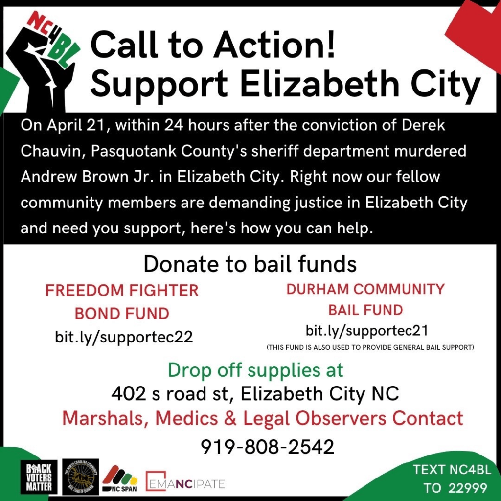 Black, red, green, and white flyer with call to action to donate to bail funds and drop off supplies for Elizabeth City protesters.