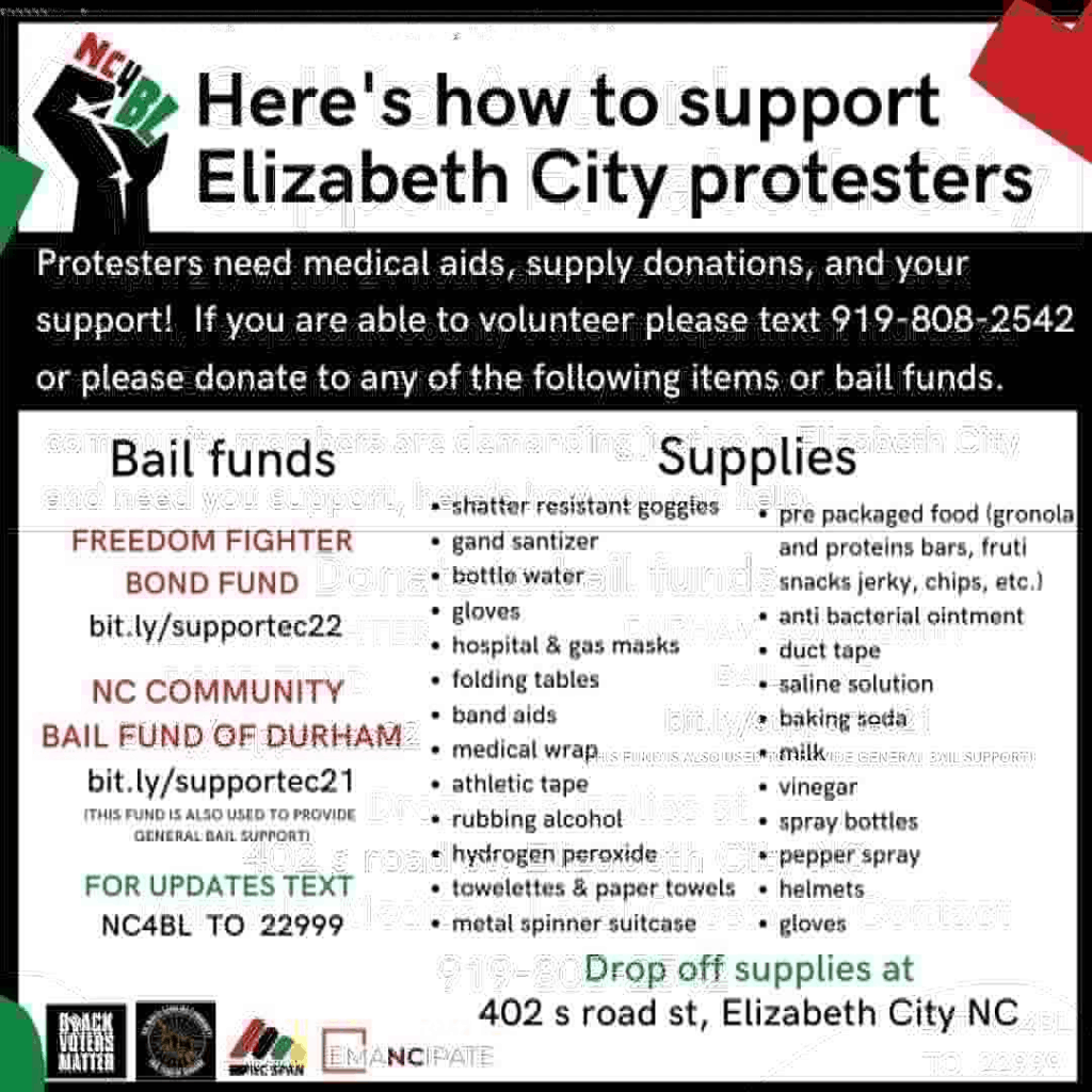 Black, red, green, and white flyer with list of requested supplies and bail fund links. 