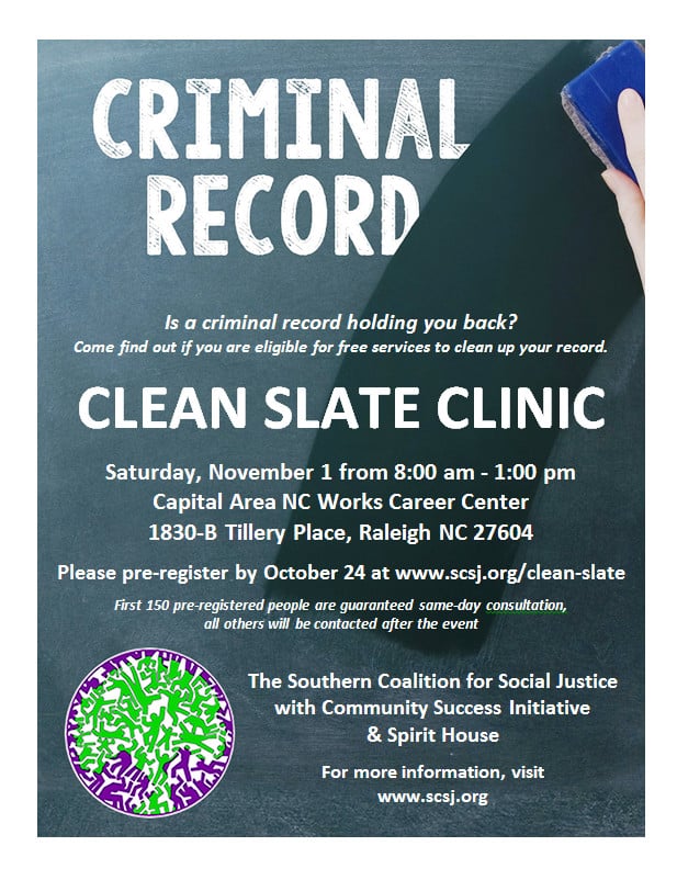 Clean Slate Clinic November 1 in Raleigh Southern Coalition for