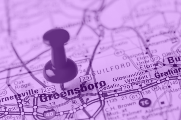 The city of Greensboro pinned on a state map