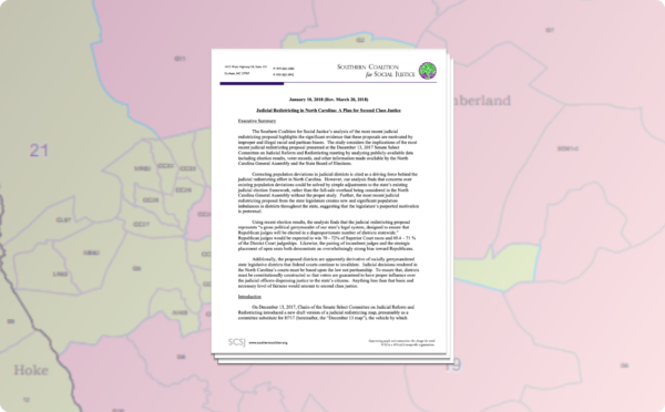 Cumberland-portion of Senate District 21 in the state legislative remedial map, with a stacked Judicial Redistricting in North Carolina: A Plan for Second Class Justice document transposed on top