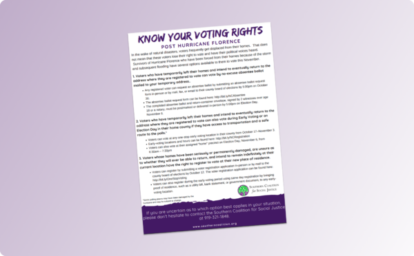 Know Your Rights Post Hurricane Florence Flyer with purple gradient background