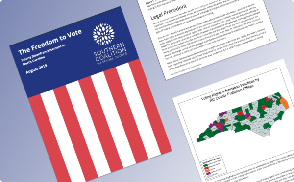 The Freedom to Vote: Felony Disenfranchisement in North Carolina report spread showing american flag design on cover