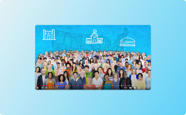 Video player showing a crowd of people transposed on top of an outline of the United States with a blue background