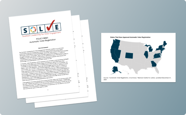 SOLVE Policy Brief on Automatic Voter Registration accompanied by graphic that shows states that have approved Automatic Voter Registration