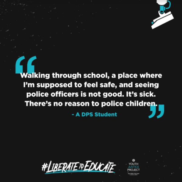 Student quote that says "Walking through school, a place where I'm supposed to feel safe, and seeing police officers is not good. It's sick. There's no reason to police children."