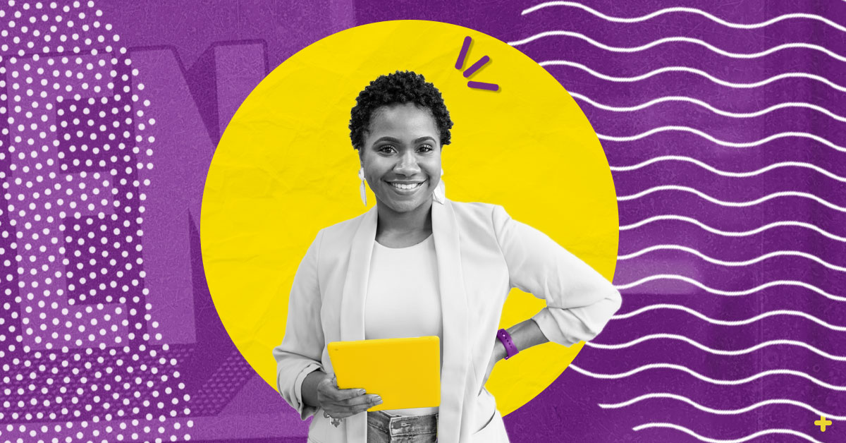Black woman with short hair smiling while holding her hand on her hipin front of yellow circle with purple decorative elements behind her