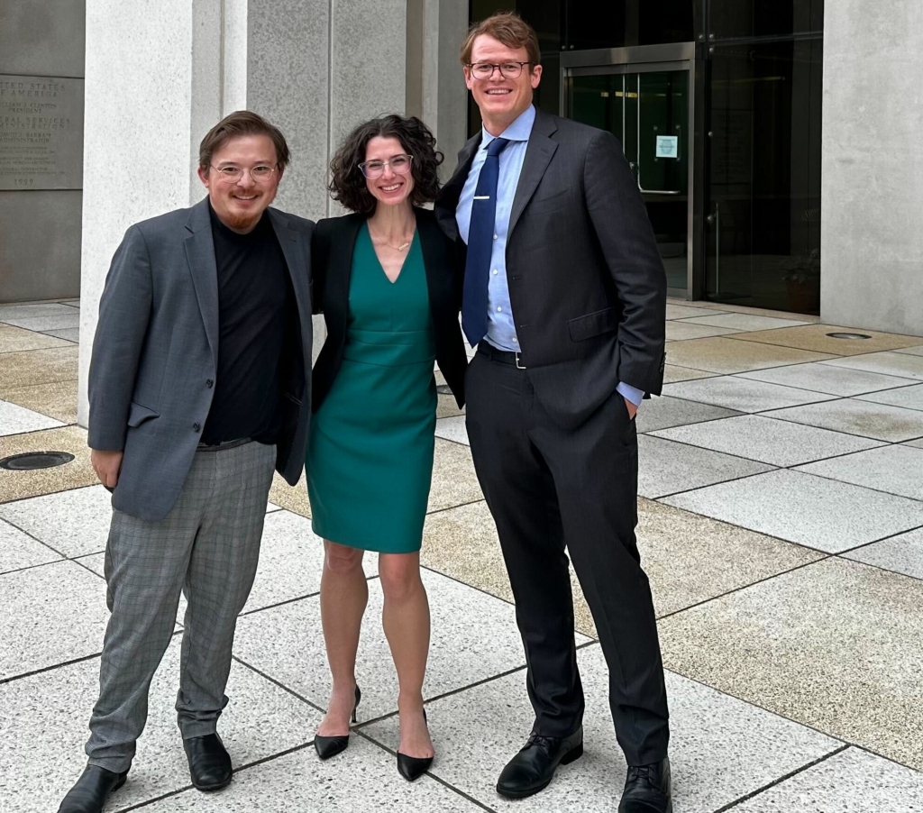 From left: Southern Coalition for Social Justice's Andy Li, Katelin Kaiser, and Chris Shenton outside the U.S. District Court for the Northern District of Florida in Tallahassee.