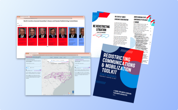 All four resources available on this webpage: Redistricting Communications & Mobilization Toolkit, NC General Assembly's House and Senate Redistricting Committees, NC Redistricting Litigation Brochure, and REDISTRICTING & YOU: North Carolina digital tool comparing pre-2023 districts with new post-2020 maps