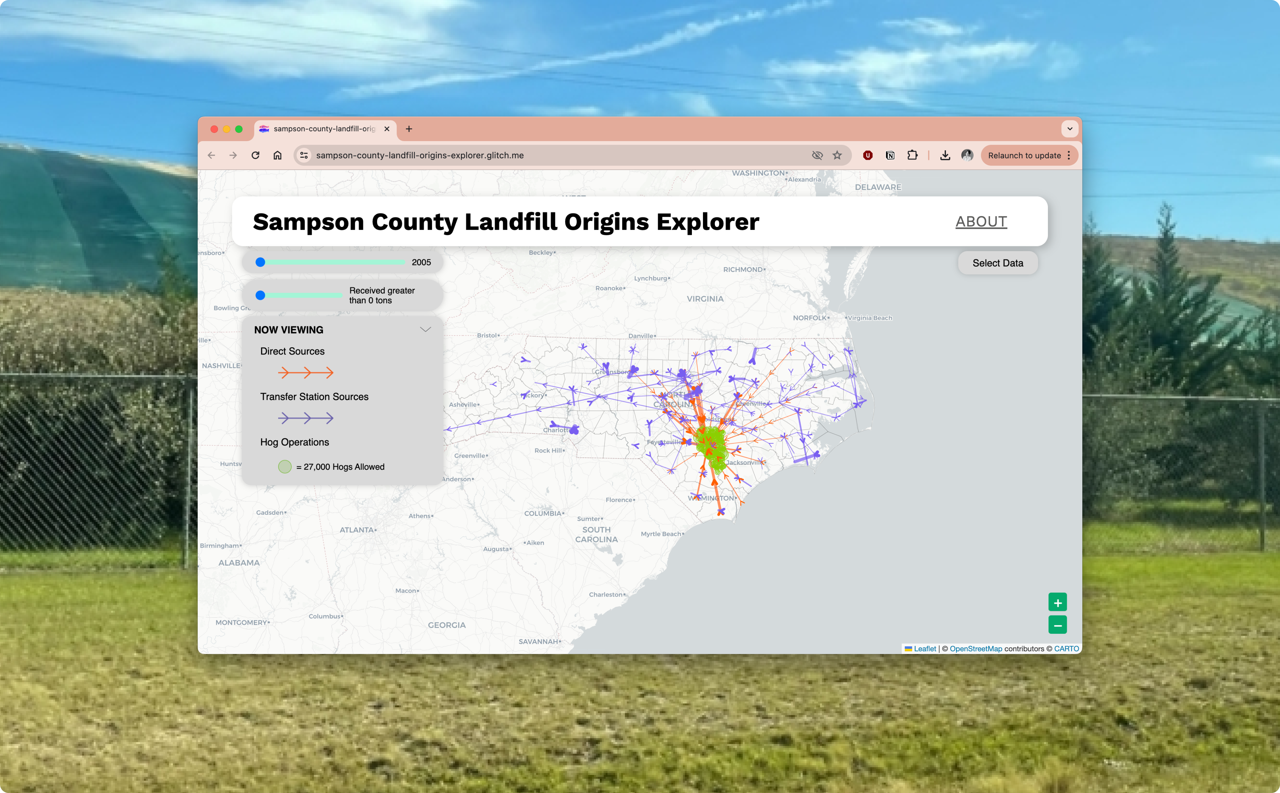 Sampson County Landfill Origin Explorer Digital Interface transposed on top of grassy field