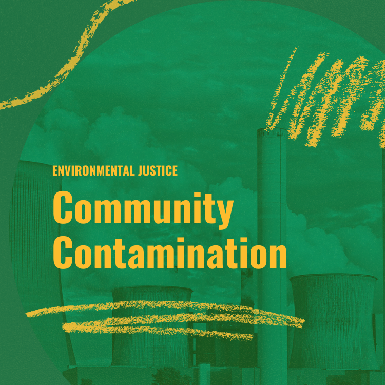 Community Contamination cover with power plant pollution in the background