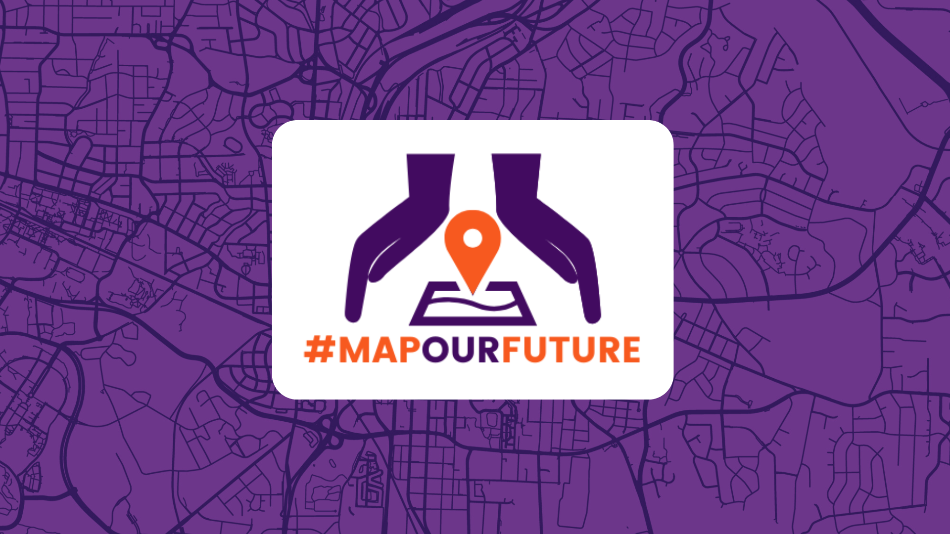 Map Out Future logo set on a white rectangle with a purple district map background