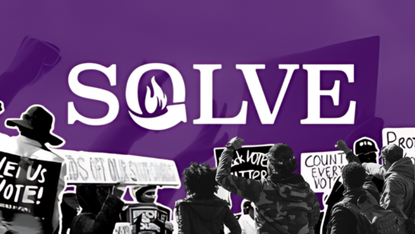 SOLVE logo and activists on a purple background