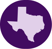 Texas silhouette on purple circular background