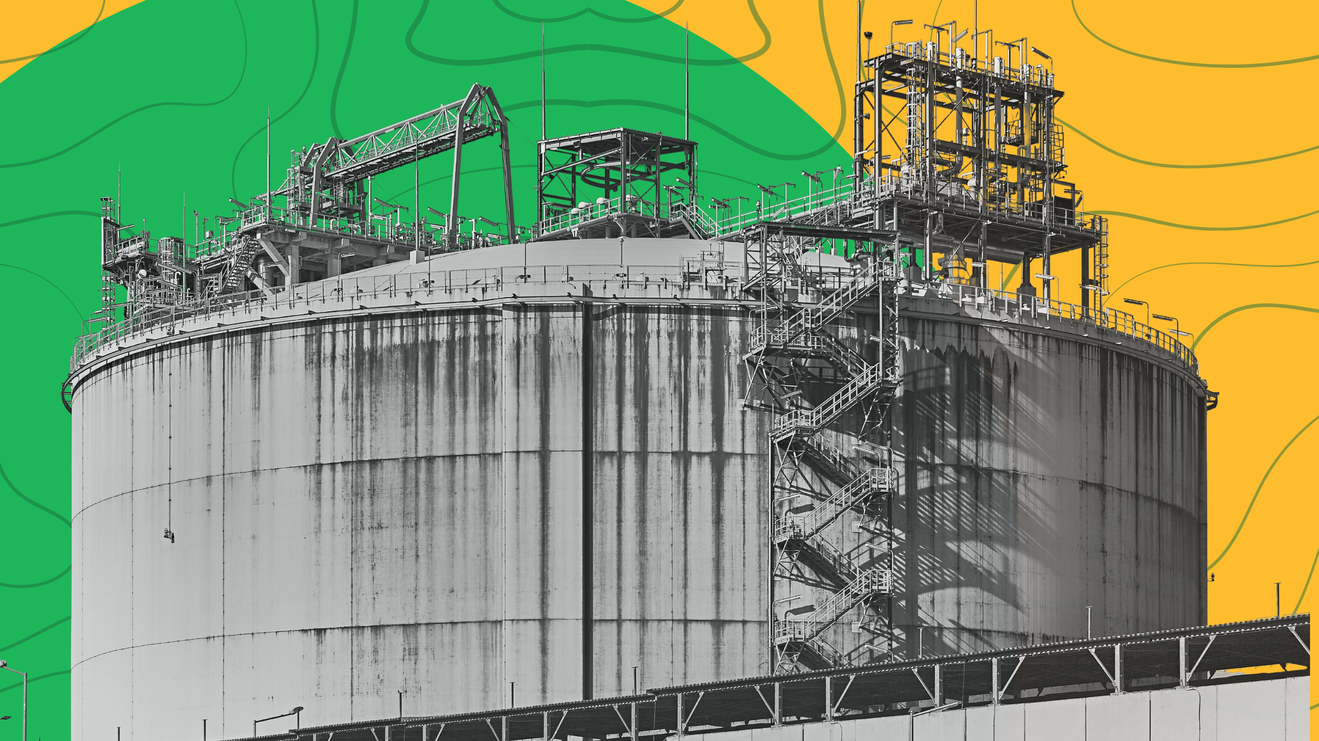 Liquified natural gas storage facility transposed on top of a decorate background in a collage-style design