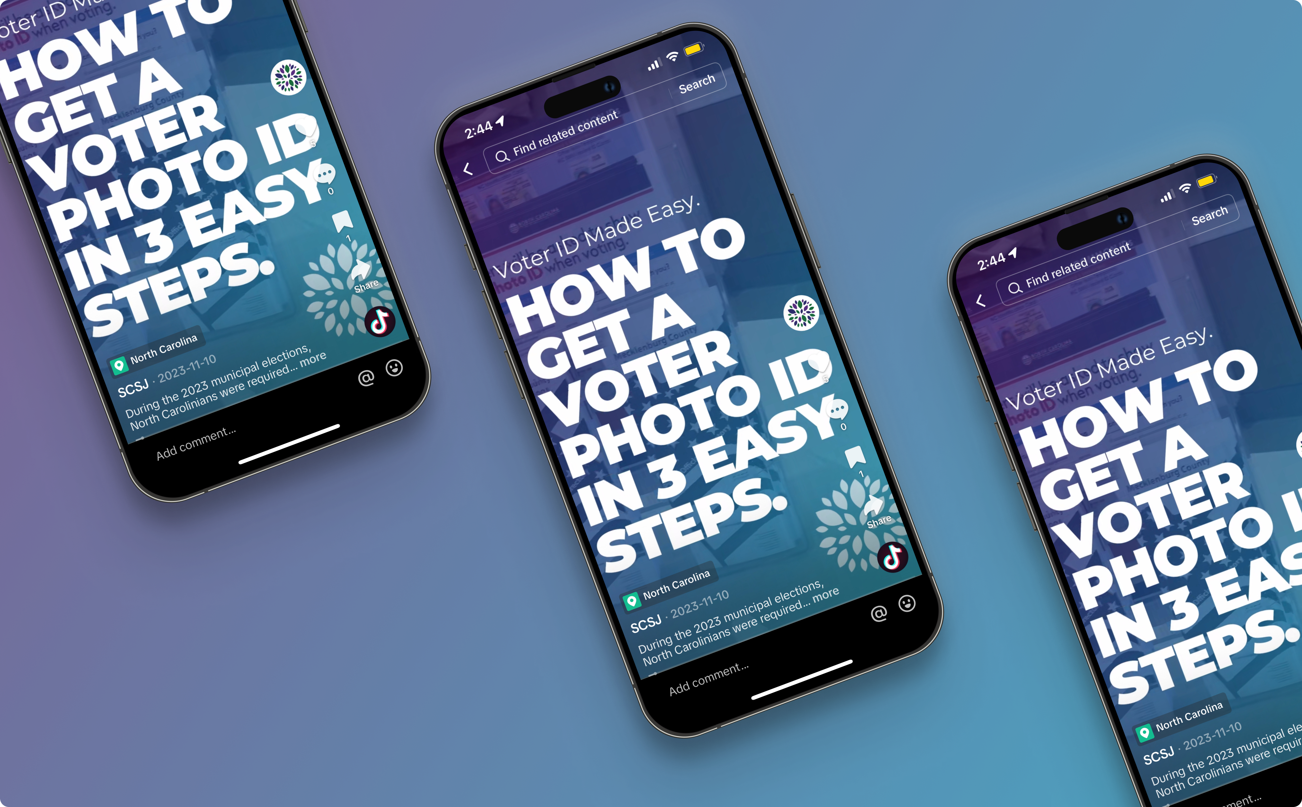 SCSJ TikTok video mockup on an iphone, video is about how to get a Voter ID in 3 easy steps