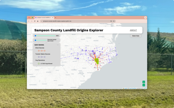 Sampson County Landfill Origin Explorer Digital Interface transposed on top of grassy field