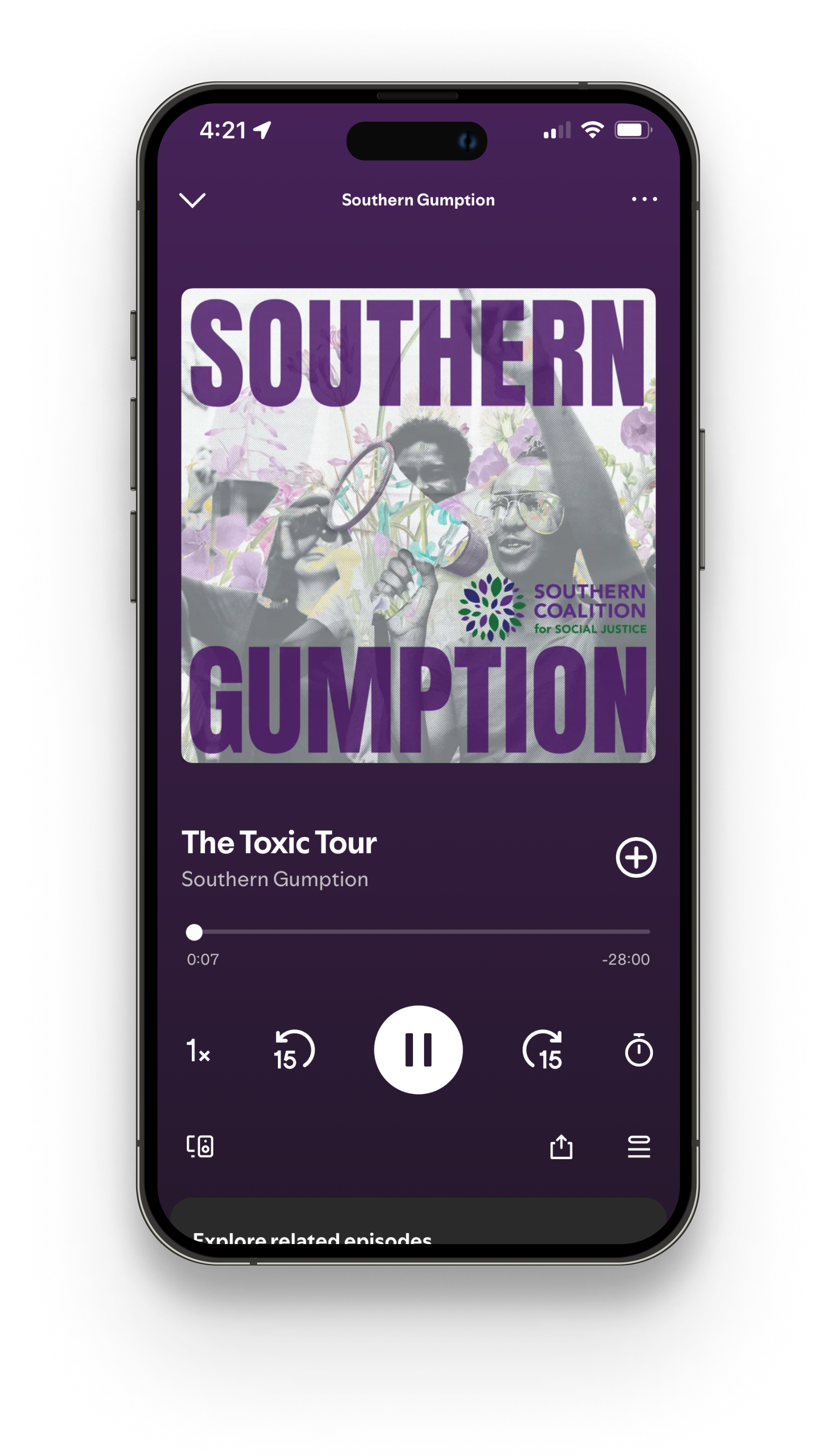 Southern Gumption iPhone Mockup displaying "Toxic Tour" episode playing on Spotify