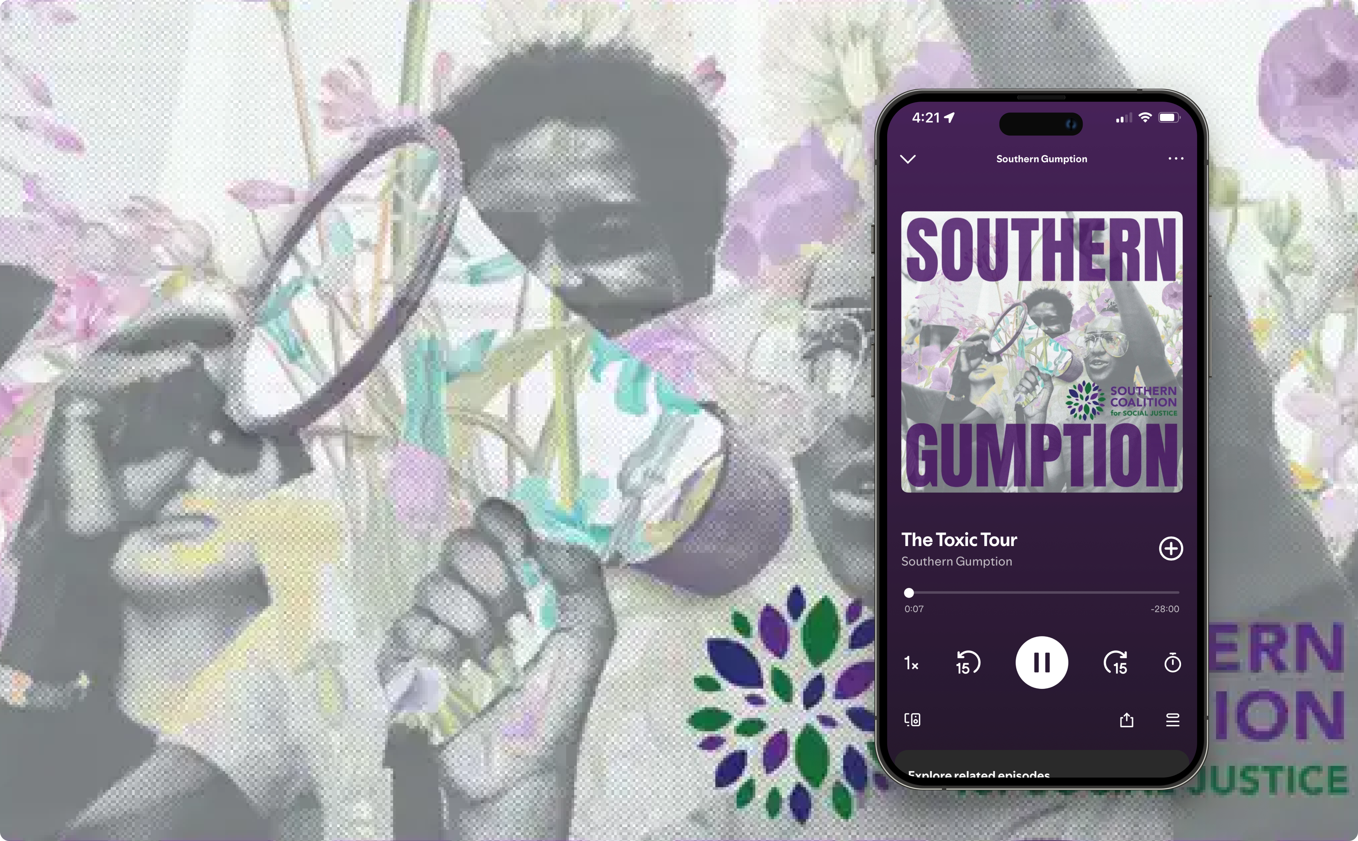 Southern Gumption iPhone Mockup displaying "Toxic Tour" episode playing on Spotify