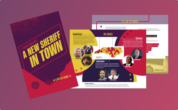 There Could be a New Sheriff in Town print spread transposed on a red and purple gradient background