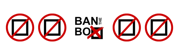 Black checkboxes under large red circles with diagonal lines indicating "no."