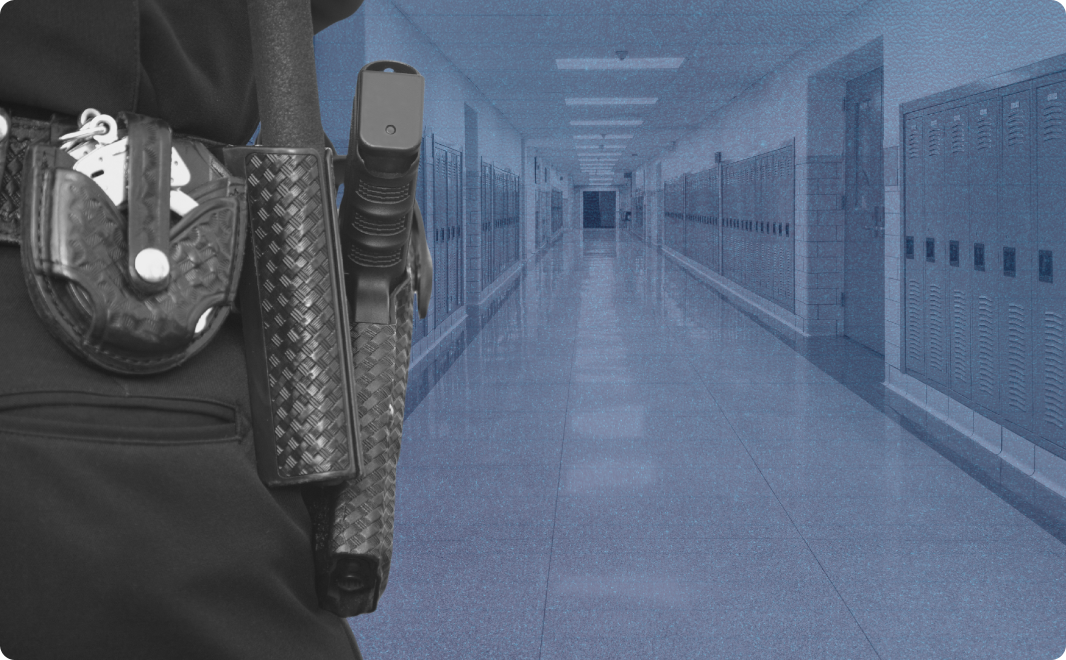 School Resource Officer standing in an empty school hallway