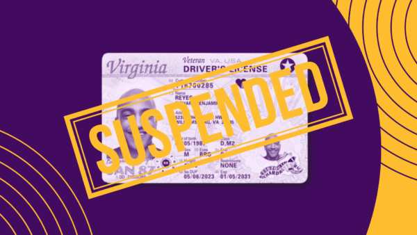 A Virginia Driver's License with the word "suspended" plastered over the image set on a purple background with decorative circles