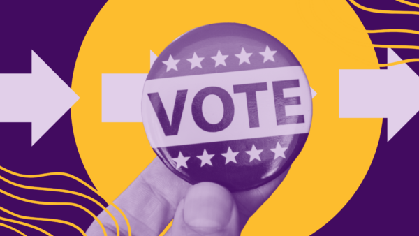 duotone hand holding 'vote' button over big yellow circle with purple arrows indicating voting direction in the background