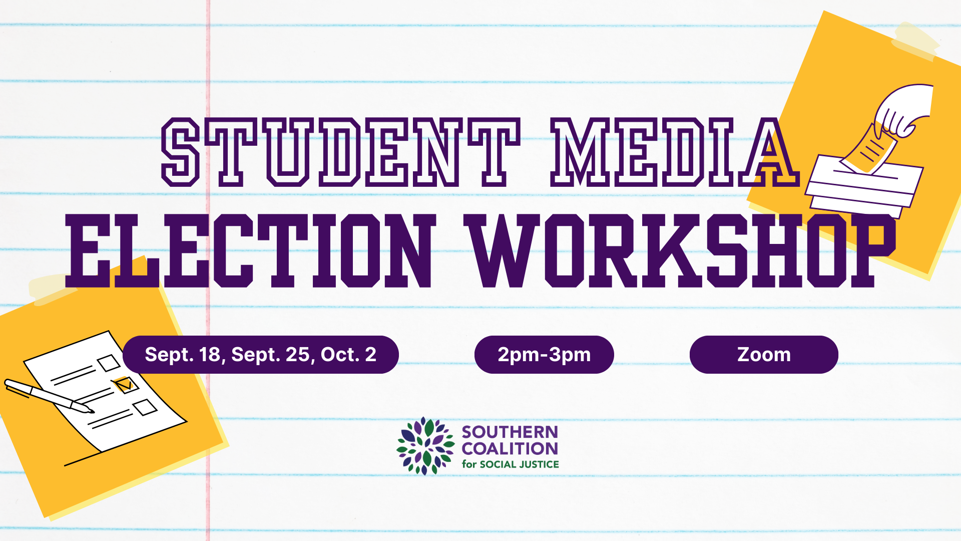 Social Media graphic to advertise the student media election workshop, listing dates and topics