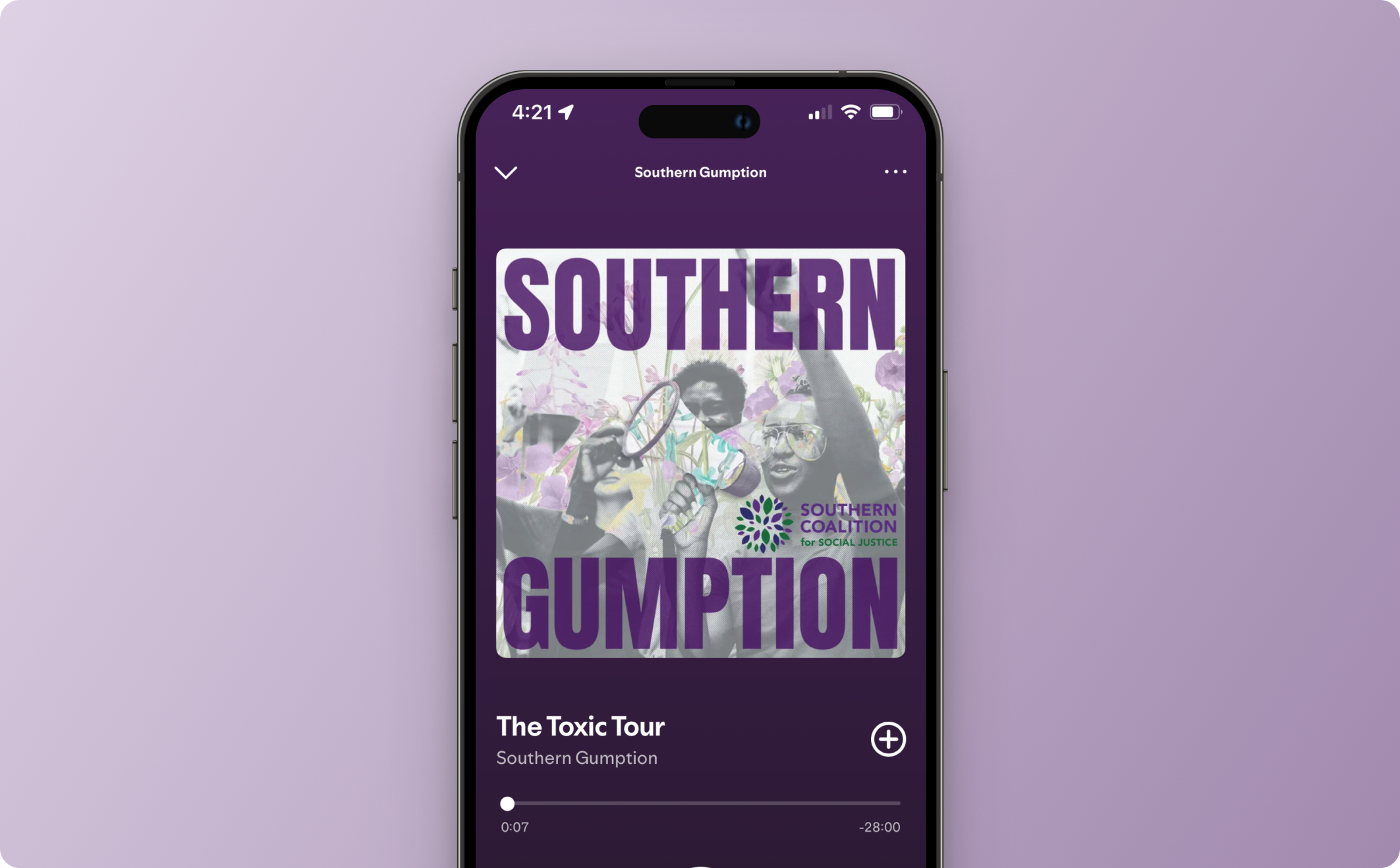 iPhone with the Southern Gumption podcast episode "The Toxic Tour" playing on Spotify