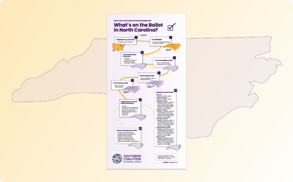 What's on the Ballot in North Carolina Infographic with the state silhouette in the background on top of a yellow gradient