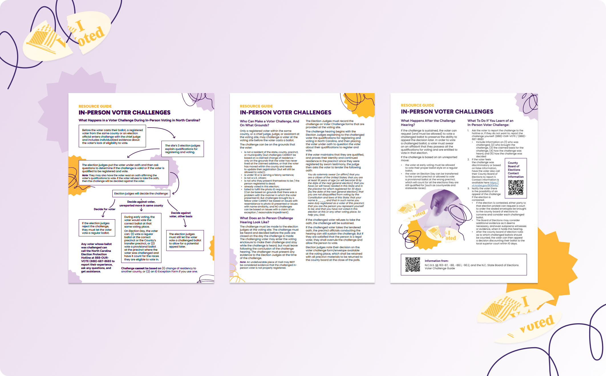 In-person voter challenge resource guide spread of three documents for voters and voter advocates in NC