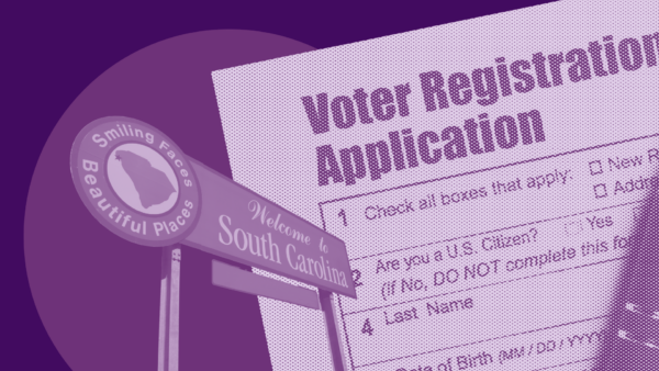 Voter Registration Application and welcome to south carolina collaged sign on a purple background