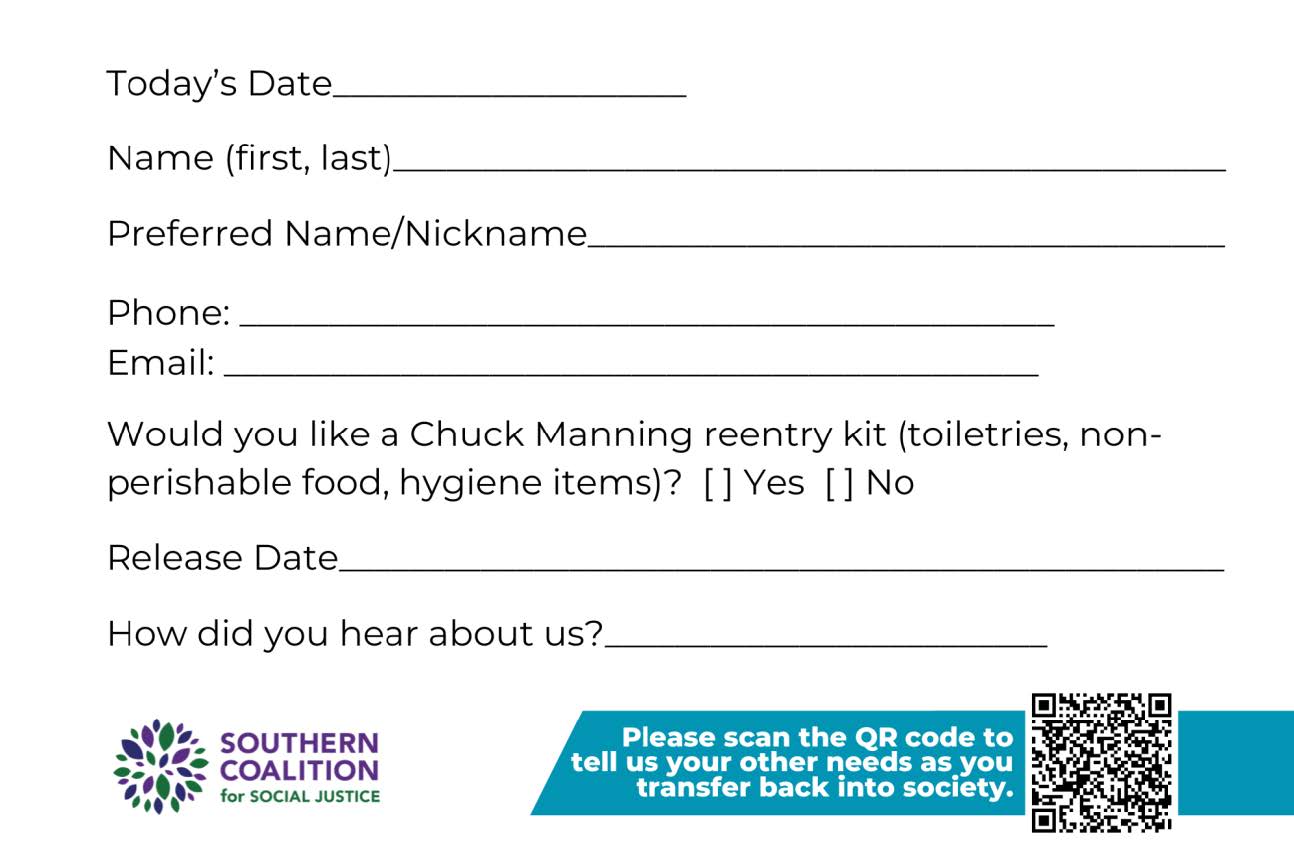 The backside of the Chuck Manning Reentry & Rebuild card asks for personal contact information.