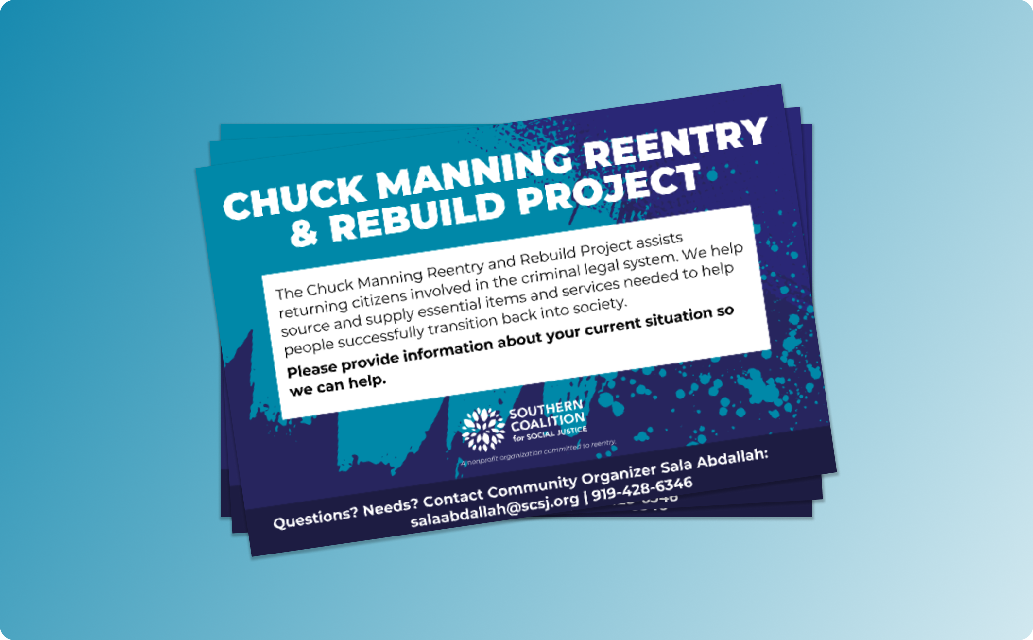 Chuck Manning Reentry & Rebuild Project info card to represent the Direct Support program led by Sala Abdallah.