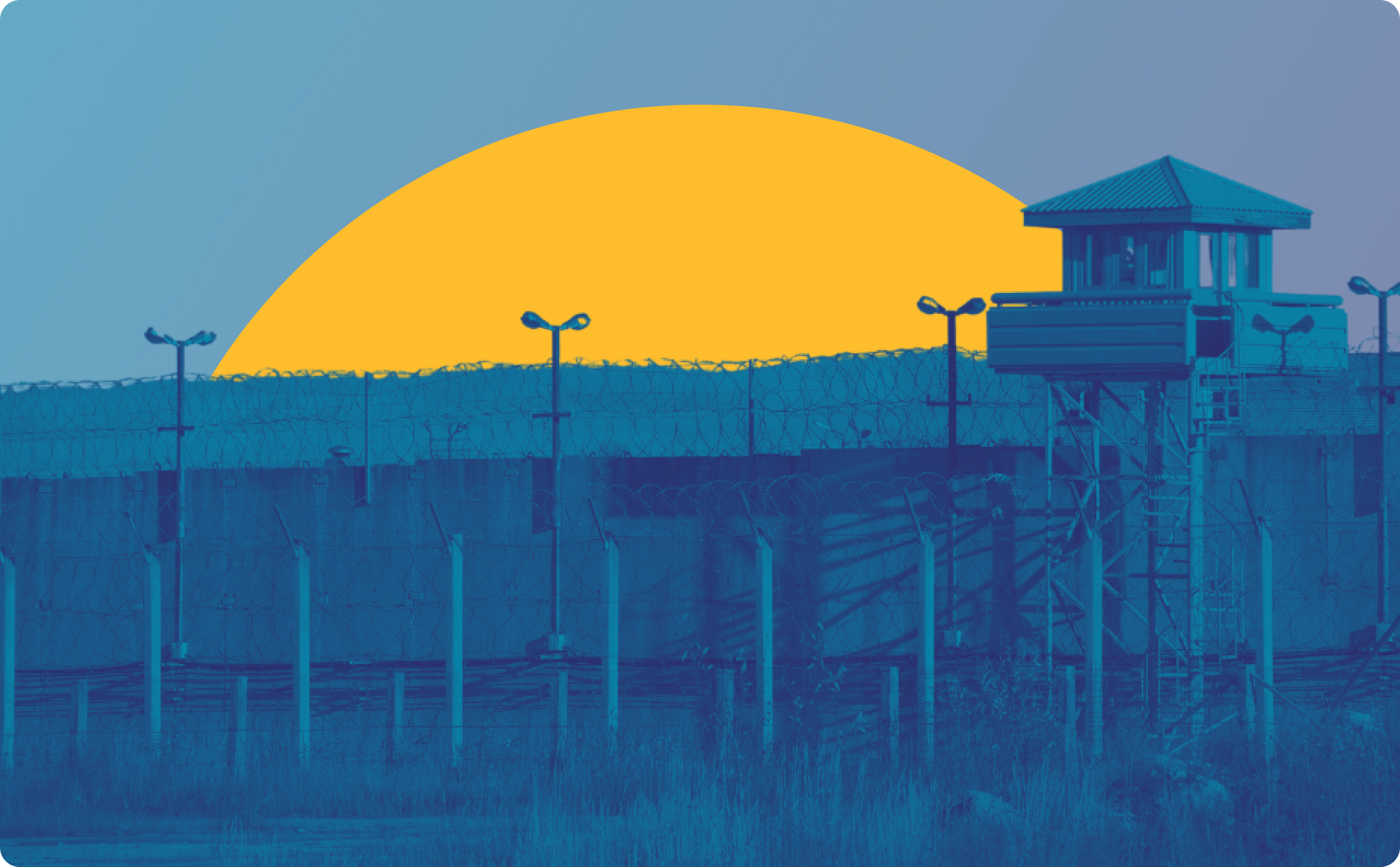 Outside of a prison with blue duotone and a decorative yellow circle in the background