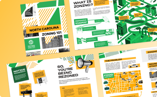 NC Zoning 101 Toolkit spread of various pages that show how to navigate the zoning process and advocate for your community