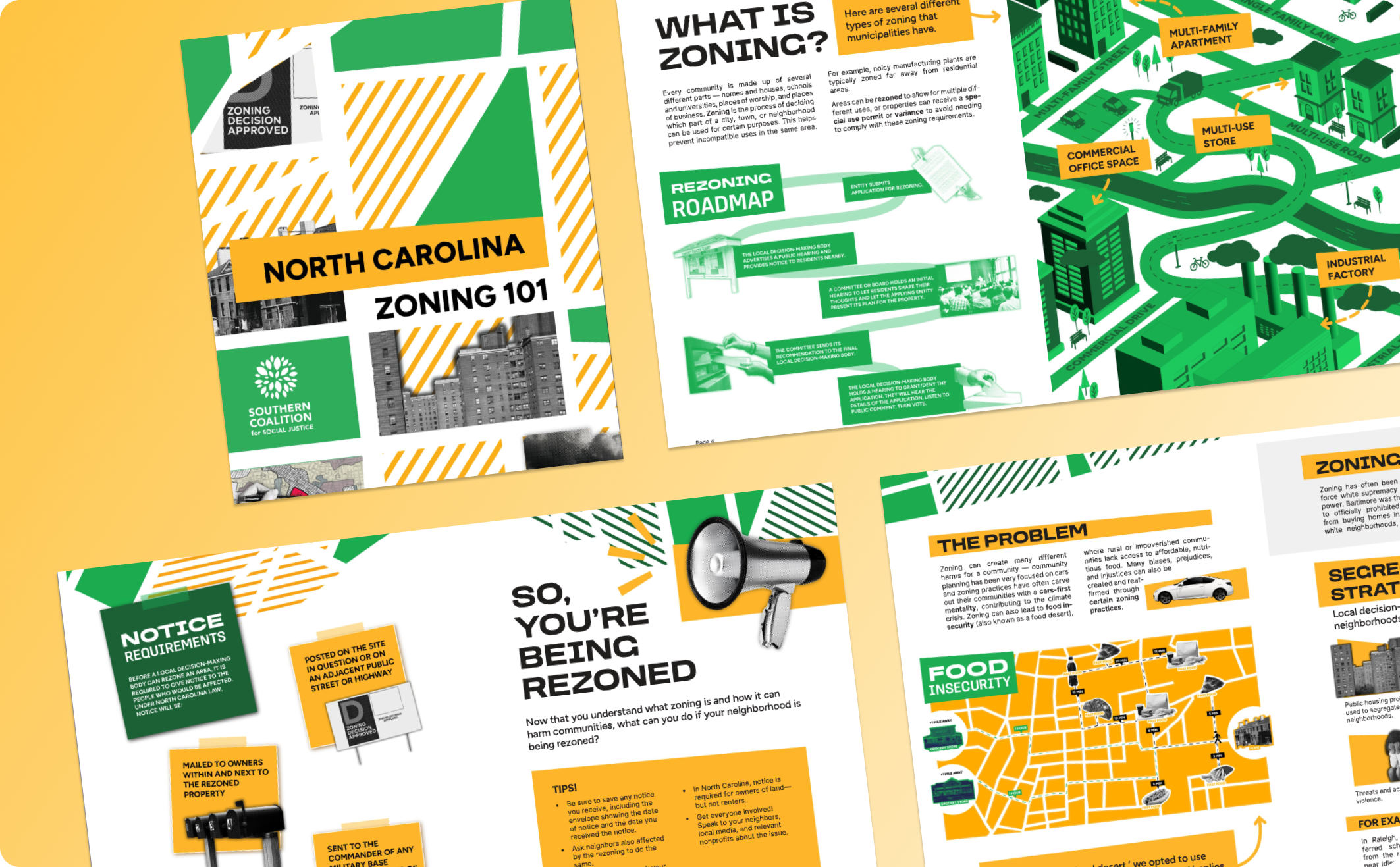 NC Zoning 101 Toolkit spread of various pages that show how to navigate the zoning process and advocate for your community