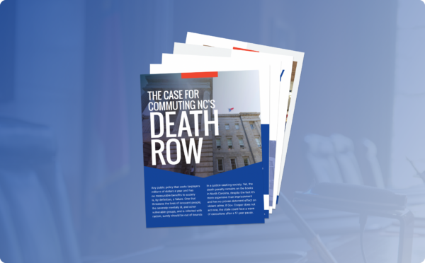 Booklet 'the case for commuting NC's death row' spread across a semi-transparent image of the NC Supreme Court benches.