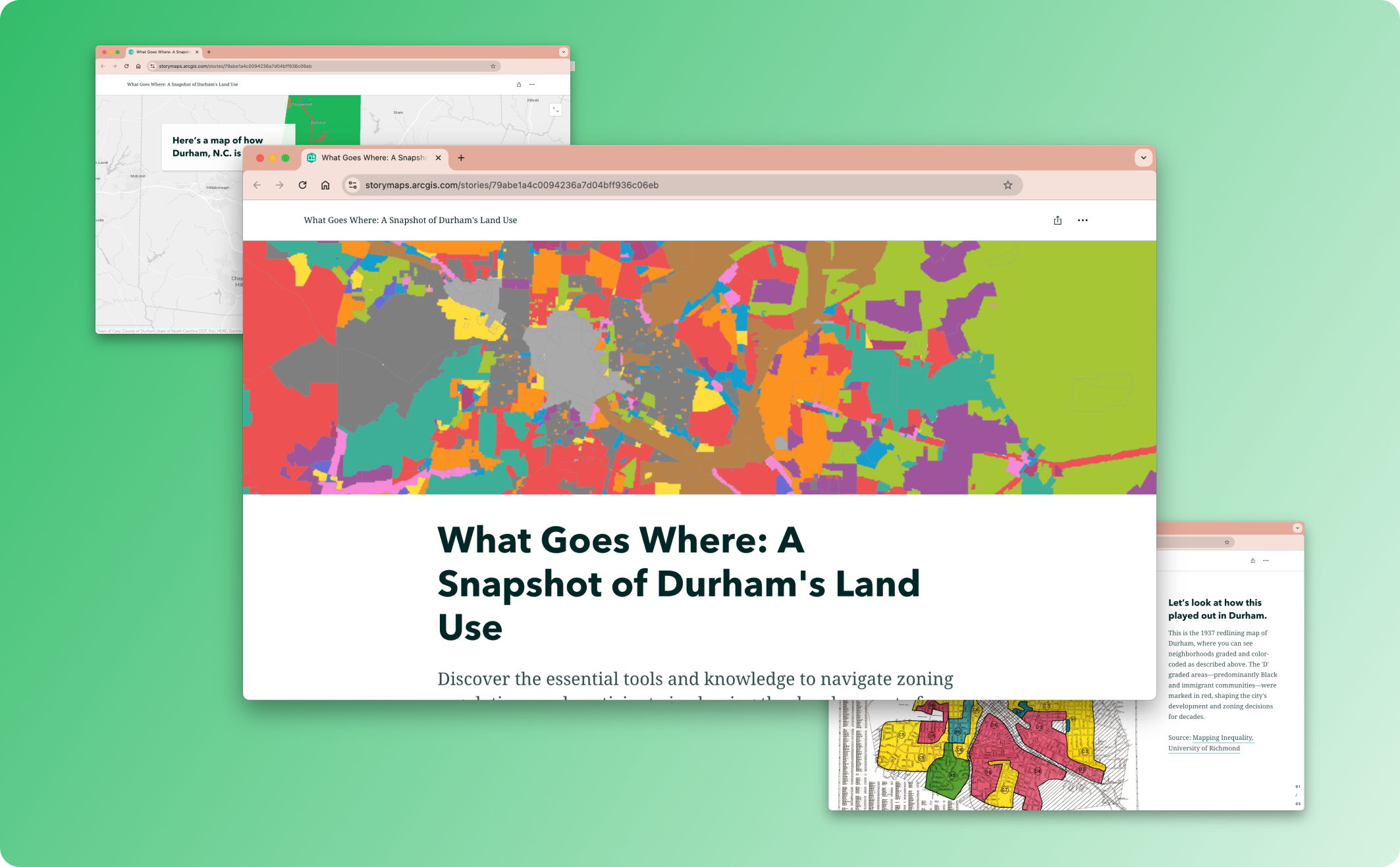 Web browser displaying the digital tool 'What Goes Where: A Snapshot of Durham's Land Use'