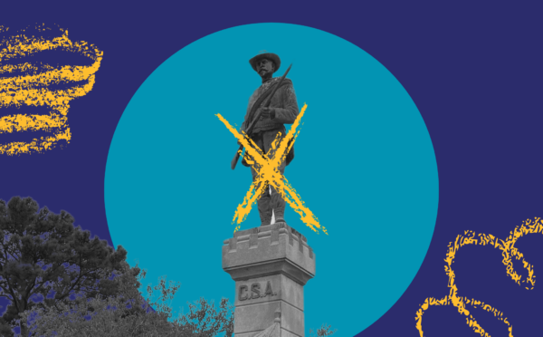 Edenton Confederate Monument with large x covering it to demonstrate that its racist origins are unjust.