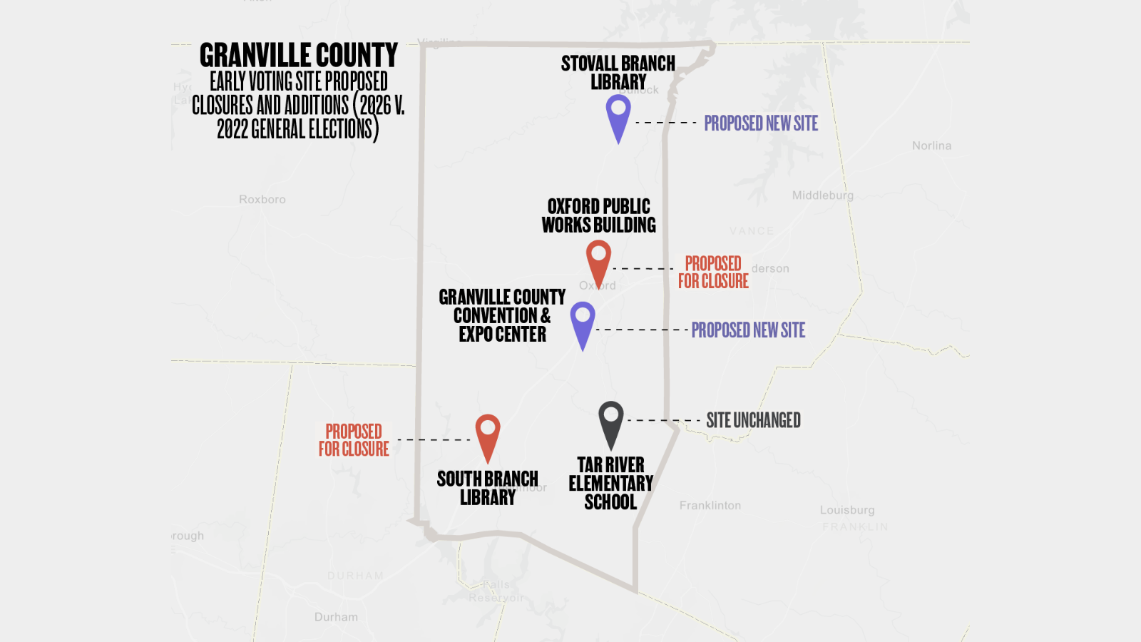 This map shows early voting locations in Granville County NC and which sites will be closed, open, and remain the same