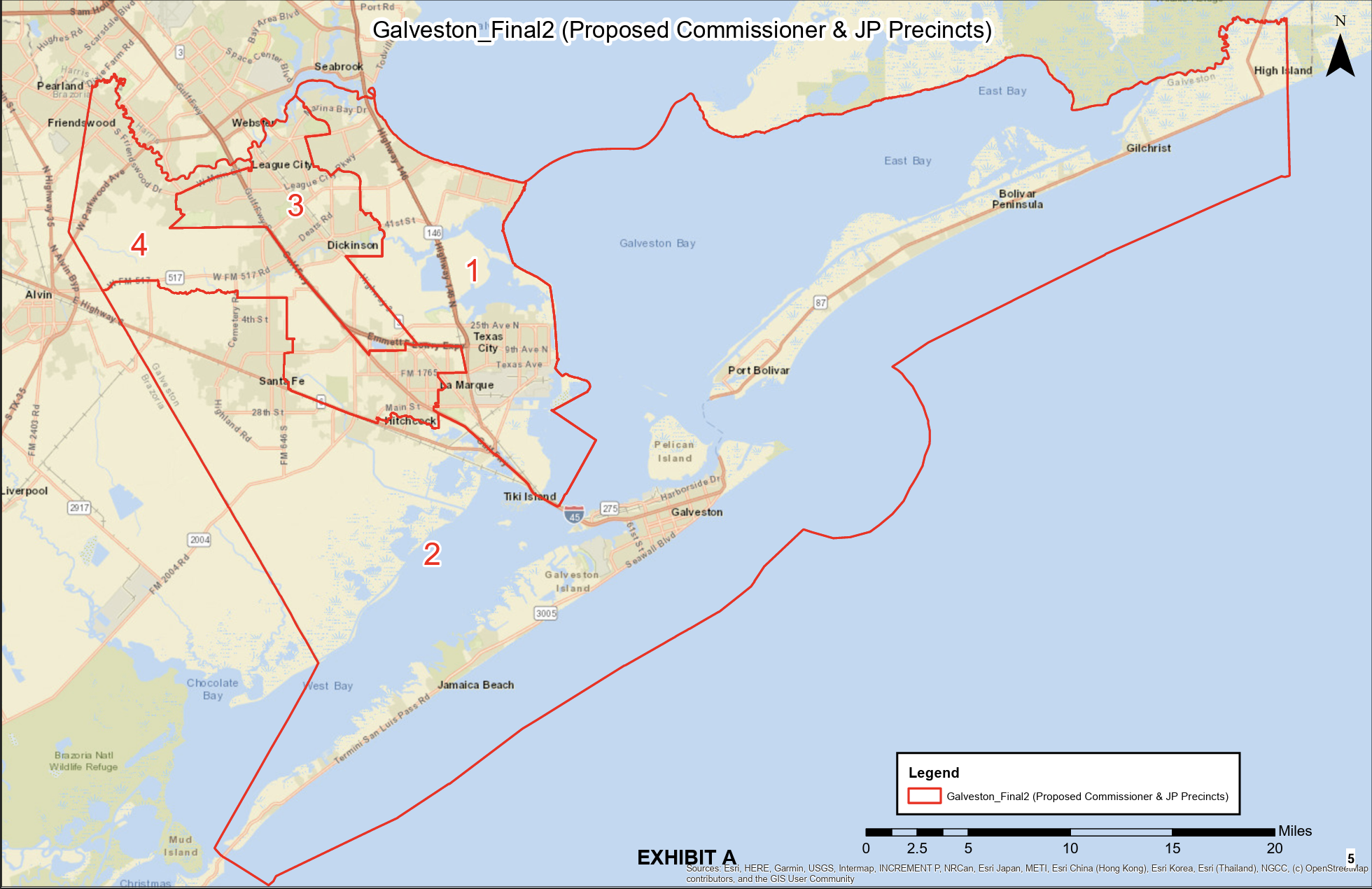 Screenshot 2026-07-17 at 8.47.18 AM Map titled 'Galveston_Final2 (Proposed Commissioner & JP Precincts)' showing Galveston County, Texas divided into four numbered precincts outlined in red, labeled Exhibit A.