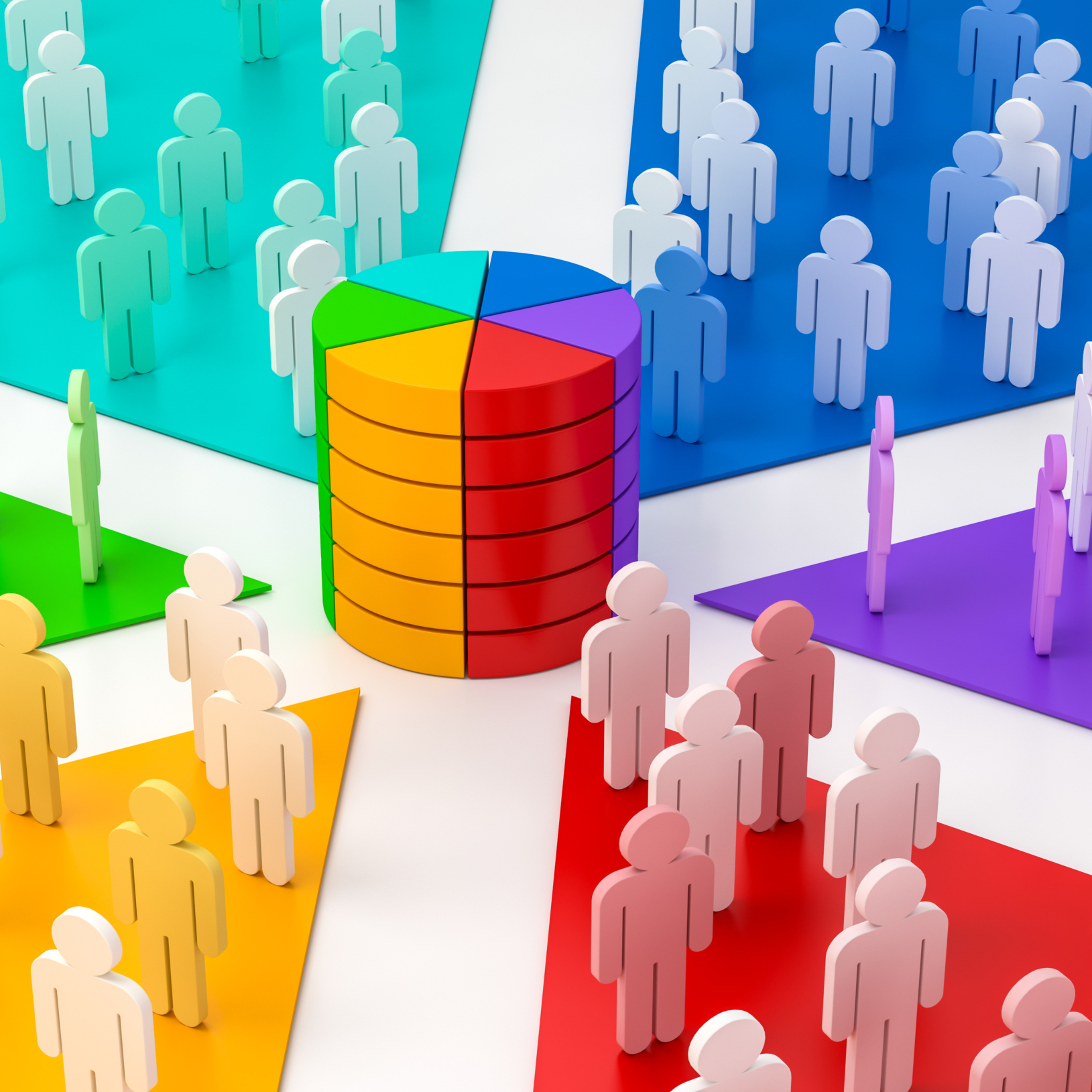 Illustration of people who are different colors of the rainbow divided into pie-chart-like sections based on their color. This image aims to represent partisan gerrymandering